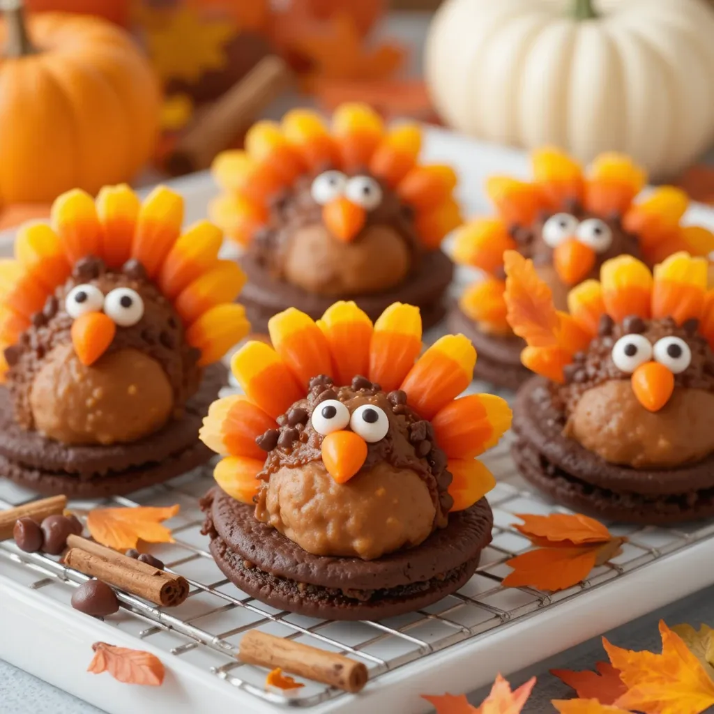 These adorable Thanksgiving turkey Oreo cookies are the perfect festive treat that combines simplicity with charm! Imagine transforming ordinary Oreos into stunning turkey displays that'll have your guests saying "wow" before they even take a bite. With just a handful of ingredients and no baking required, you'll create Instagram-worthy desserts in under 30 minutes. Kids absolutely love helping with these, making them ideal for family bonding time. If you enjoyed our Pumpkin Spice Cookies, you'll fall head over heels for these festive turkey treats! What Are Thanksgiving Turkey Oreo Cookies? Ever wonder how a simple sandwich cookie becomes the star of your dessert table? Thanksgiving turkey Oreo cookies are no-bake treats where Oreos get dressed up as adorable turkeys using candy corn, candy eyes, and chocolate. They're whimsical, they're delicious, and they prove that the way to everyone's heart is through creative desserts! These little gobblers require zero baking skills but deliver maximum "aww" factor. Ready to transform your cookie stash into a flock of edible turkeys? Let's get started! Why You'll Love This Thanksgiving Turkey Oreo Cookies Recipe No-Bake Convenience Meets Holiday Magic The beauty of Thanksgiving turkey Oreo cookies lies in their incredible simplicity. There's no mixer, no oven, and no complicated techniques involved. You're essentially decorating pre-made cookies, which means even the littlest helpers can participate without risk of kitchen disasters. The entire process takes about 20-30 minutes from start to finish, making these perfect for last-minute holiday parties or when you need a quick contribution to the potluck table. Budget-Friendly Festive Treats Making Thanksgiving turkey Oreo cookies at home saves you a fortune compared to buying decorated cookies from bakeries. With basic ingredients that cost under $15, you can create 2-3 dozen stunning treats. Most of the ingredients are items you might already have in your pantry after Halloween. Those leftover candy corns? Perfect turkey feathers! The chocolate chips from your baking stash? Ideal for creating beaks and holding everything together. Customizable and Allergy-Friendly Options These treats are wonderfully versatile. Use regular Oreos, Double Stuf, or even gluten-free versions. Want to make them nut-free for school parties? No problem – these are naturally nut-free! The decoration possibilities are endless. Add orange frosting for extra flair, use different colored candy melts, or experiment with various candy combinations. Similar to our Christmas Cookie Decorating Guide, these invite creativity while following a simple base recipe. Perfect for All Ages Whether you're entertaining toddlers or impressing adults, these cookies bridge the gap beautifully. Kids love the fun, playful design, while adults appreciate the nostalgic combination of Oreos and festive creativity. They're conversation starters that taste as good as they look! How to Make Thanksgiving Turkey Oreo Cookies Quick Overview These no-bake Thanksgiving turkey Oreo cookies are ridiculously easy to make! The process involves melting chocolate, attaching candy decorations, and letting everything set. No fancy equipment needed – just a microwave or double boiler, some patience, and your creative spirit. The cookies feature a classic Oreo base decorated to look like turkeys with candy corn "feathers," candy eyes, and chocolate chip "beaks." Time Breakdown: Prep Time: 15 minutes Decoration Time: 15 minutes Setting Time: 30 minutes Total Time: 1 hour Servings: 24 cookies Key Ingredients for Thanksgiving Turkey Oreo Cookies For the Base: 24 Oreo cookies (regular or Double Stuf) 1 cup semi-sweet chocolate chips or candy melts (orange or brown) 1 tablespoon coconut oil or shortening (optional, for smoother chocolate) For Decoration: 48 candy eyes (wiggle eyes) 24 candy corn pieces 24 Reese's Pieces or chocolate chips (for beaks) 120-150 pieces of candy corn (5-6 per cookie for tail feathers) 1/4 cup white chocolate chips or frosting (for "gluing" decorations) Optional Add-Ons: Orange or red frosting for wattles Mini chocolate chips for feet Colorful sprinkles Red food coloring for custom decorations Step-by-Step Instructions Step 1: Prepare Your Workspace Line a large baking sheet or tray with parchment paper or wax paper. This prevents sticking and makes cleanup effortless. Arrange all your candy decorations in small bowls for easy access. Having everything organized before you start is crucial since chocolate sets quickly. Set out your Oreos in rows on your prepared surface. Step 2: Melt the Chocolate Place chocolate chips in a microwave-safe bowl. If using, add 1 tablespoon of coconut oil to make the chocolate smoother and easier to work with. Microwave in 30-second intervals, stirring between each interval, until completely melted and smooth. This usually takes 1-2 minutes total. Alternatively, melt chocolate using a double boiler on the stovetop over low heat, stirring constantly. Be careful not to overheat the chocolate, as it can seize and become grainy. If chocolate seems too thick, add a tiny bit more coconut oil. Step 3: Create the Turkey Tail Feathers Take one Oreo cookie and place a small dollop of melted chocolate on the back edge (the part that will be the "top" of your turkey). Arrange 5-6 candy corn pieces in a fan pattern to create the turkey's colorful tail feathers. The pointed ends should face outward, with the wider ends meeting in the center. Press gently into the chocolate to secure them. The chocolate acts as glue. Let this set for 2-3 minutes before moving to the next step. Repeat this process for all 24 cookies before moving forward. Working in batches helps ensure consistency. Step 4: Attach the Turkey Face Once the tail feathers have set slightly, flip the cookie so the feathers are in the back and the flat Oreo surface is facing you. Place a small amount of melted chocolate or white chocolate in the center of the Oreo. This is where you'll build the turkey's face. Step 5: Add the Eyes and Beak While the chocolate is still wet, press two candy eyes onto the upper portion of the Oreo, leaving space below for the beak. Position them close together for a cuter look. The chocolate will hold them in place as it dries. For the beak, place a Reese's Pieces candy or mini chocolate chip pointed-side down between and slightly below the eyes. Use a tiny dab of chocolate if needed to secure it. Step 6: Create the Wattle (Optional For extra authenticity, create a little red wattle under the beak. Use a small dot of red frosting, or take a small piece of red fruit leather cut into a teardrop shape. Attach it with a tiny bit of chocolate or frosting just below the beak. This step is optional but adds adorable detail! Step 7: Add Final Touches If you want to add feet, use two mini chocolate chips positioned at the bottom edge of the Oreo. Secure with a tiny amount of melted chocolate. Some bakers like to add a small dusting of edible gold glitter or orange sprinkles around the turkey for extra festive flair. Step 8: Let the Cookies Set Once all decorations are in place, let the cookies sit undisturbed at room temperature for 30-45 minutes until the chocolate is completely hardened. For faster setting, you can place the tray in the refrigerator for 15-20 minutes. However, be aware that condensation may form when you remove them if your kitchen is warm. Once set, your Thanksgiving turkey Oreo cookies are ready to display and devour! What to Serve Thanksgiving Turkey Oreo Cookies With These delightful treats pair beautifully with various beverages and desserts for your Thanksgiving spread. Beverage Pairings: Hot apple cider with cinnamon sticks Pumpkin spice lattes or chai tea Cold milk (a classic with Oreos!) Sparkling apple juice for kids Coffee or espresso for adults Complementary Desserts: Pumpkin pie or pecan pie Caramel apple slices Mini pumpkin cheesecakes Autumn sugar cookies Cranberry bliss bars Serving Suggestions: Arrange your turkey Oreo cookies on a decorative platter with fall leaves, mini pumpkins, or autumn-themed serving ware. They make stunning centerpieces for dessert tables. Create a "turkey farm" display by standing them upright in small cups filled with crushed Oreo crumbs to look like dirt. Kids especially love this presentation! Package them in clear cellophane bags tied with orange and brown ribbons as party favors or hostess gifts. Top Tips for Perfecting Thanksgiving Turkey Oreo Cookies Choose the Right Chocolate Candy melts work better than regular chocolate chips because they set firmer and hold decorations more securely. If using chocolate chips, definitely add coconut oil or shortening to improve consistency. Orange or brown candy melts create a more authentic turkey look, but chocolate chips taste more indulgent. Choose based on your priority: aesthetics or flavor. Work Quickly But Carefully Chocolate sets faster than you might expect. Prepare all your decorations within arm's reach before you start. If your chocolate starts hardening while you're working, simply pop it back in the microwave for 10-15 seconds to re-melt. Work on 3-4 cookies at a time rather than trying to do all 24 at once. This prevents the chocolate from setting before you can add decorations. Secure Those Feathers The tail feathers are the most likely part to fall off. Use a generous amount of chocolate to secure them, and let them set completely before handling the cookies. For extra security, you can pipe a line of chocolate along the base of the feathers after they've been placed. Customize for Dietary Needs For gluten-free versions, use gluten-free sandwich cookies. Kinnikinnick or Glutino make excellent alternatives to Oreos. Make them dairy-free by using dairy-free chocolate chips and dairy-free sandwich cookies like Newman's Own Chocolate O's. Storage While Decorating If you're decorating in a warm kitchen, work near a fan or in a cooler room. Heat can cause candy eyes to slide and chocolate to take forever to set. Don't refrigerate immediately after decorating unless absolutely necessary, as temperature changes can cause chocolate to "bloom" (develop white streaks). Avoid Common Mistakes Don't use too much chocolate or your decorations will slide off. A little goes a long way! Don't twist the Oreo cookies apart – keep them as complete sandwiches for structural integrity. Don't stack the finished cookies until they're completely set, or you'll squash your turkey faces. Storing and Reheating Tips Room Temperature Storage: Store Thanksgiving turkey Oreo cookies in an airtight container at room temperature for up to 5 days. Place parchment paper between layers to prevent them from sticking together. Keep them away from direct sunlight or heat sources, which can melt the chocolate and cause decorations to slide off. Refrigeration: These cookies can be refrigerated for up to 2 weeks. Store them in a single layer in airtight containers with parchment paper between layers. Allow them to come to room temperature for 10-15 minutes before serving for the best taste and texture. Cold Oreos can be a bit hard on the teeth! Freezing: Surprisingly, these freeze beautifully! Place them in a single layer in a freezer-safe container with parchment paper between layers. They'll keep for up to 2 months. To thaw, remove from the freezer and let them sit at room temperature for 30 minutes. Never microwave to speed up thawing, as this will melt all your decorations! Make-Ahead Tips: These are perfect make-ahead treats. Prepare them 2-3 days before your Thanksgiving gathering and store them in airtight containers. For maximum freshness, add the candy eyes on the day of serving, as they can sometimes "weep" moisture if stored too long in humid conditions. Transporting Tips: When taking these to a party, transport them in a single layer in a flat container. A disposable aluminum pan covered with plastic wrap works perfectly. If stacking is unavoidable, use toothpicks stuck into the corners of parchment paper as spacers between layers. Frequently Asked Questions Can I use other cookies besides Oreos? Absolutely! Any round sandwich cookie works well. Try chocolate chip cookies, vanilla wafers, or even homemade sugar cookies. The decoration process remains the same. Keep in mind that Oreos provide the best contrast for the colorful decorations and have a flat surface that's ideal for attaching candy. What if I can't find candy eyes? No problem! You can use mini white chocolate chips with a small dot of melted dark chocolate for pupils. Alternatively, white frosting with a black sprinkle or food-safe marker works great. You can also use white M&Ms with chocolate chips on top. Can I make these with kids? These are perfect for kids! Children ages 4 and up can help with decoration under supervision. Give younger kids the job of arranging candy corn or placing eyes, while older kids or teens can handle the melted chocolate. Just ensure an adult handles all melting tasks. Why is my chocolate not sticking to the Oreos? This usually happens when there's oil or moisture on the cookie surface. Make sure your Oreos are at room temperature and completely dry. If you've touched them with wet or greasy hands, wipe them gently with a paper towel. Also ensure your chocolate isn't too hot, as this can cause it to slide off before setting. How do I keep candy corn from falling off? Use enough chocolate as "glue" – don't be stingy! Press the candy corn gently but firmly into the chocolate, and let it set for at least 5 minutes before moving the cookie. You can also place the cookies in the refrigerator for 5 minutes to speed up the setting process for the tail feathers specifically. Can I use frosting instead of melted chocolate? Yes, but chocolate works better as an adhesive. If you prefer frosting, use thick buttercream or royal icing, as they hold decorations more securely than thin frosting. The advantage of frosting is that you can add food coloring to match your color scheme. The disadvantage is that it doesn't set as firmly. Are these cookies nut-free? The basic recipe using Oreos, candy corn, candy eyes, and chocolate chips is nut-free. However, if you use Reese's Pieces for the beak, note that while they don't contain nuts, they're made in facilities that process peanuts. For completely nut-free versions, use chocolate chips for the beak instead. How far in advance can I make these? You can make these up to 1 week ahead if stored properly in an airtight container at room temperature. They also freeze well for up to 2 months. For best results, make them 2-3 days before serving – they'll still be fresh and the decorations will be secure. What's the best way to display these at a party? Create a tiered display using cake stands at different heights. Arrange them on a platter lined with faux autumn leaves or burlap. You can also stand them upright in small shot glasses or cups for a "turkey farm" effect. For kid parties, set up a "turkey pond" using blue tissue paper with cookies arranged around it. Can I add more decorations? Definitely! Get creative with orange frosting for wattles, pretzel sticks for legs, or different colored candy melts for variety. Some people add mini marshmallows for fluffy turkey bodies or use M&Ms for more colorful feathers. Let your imagination run wild! Nutrition Information NutrientAmount Per CookieCalories95Total Fat4gSaturated Fat1.5gCholesterol0mgSodium65mgTotal Carbohydrates15gDietary Fiber0.5gSugars10gProtein1g Nutrition information is approximate and based on one decorated Oreo cookie with standard decorations. Creative Variations to Try Peanut Butter Turkey Cookies: Use Nutter Butter cookies instead of Oreos for a peanut butter twist. The elongated shape creates a different turkey silhouette that's equally adorable. White Chocolate Turkey Cookies: Use Golden Oreos with white chocolate as the adhesive, and pastel-colored candies for a lighter, spring-inspired turkey (perfect for practicing before Thanksgiving!). Mini Turkey Bites: Use Mini Oreos to create bite-sized turkey treats. These are perfect for kids' parties and easier for little hands to manage. Chocolate-Covered Turkey Cookies: Dip the entire Oreo in melted chocolate before decorating for an extra indulgent treat. Use orange or brown chocolate for the coating. Gluten-Free and Vegan Options: Substitute gluten-free sandwich cookies and dairy-free chocolate chips to accommodate dietary restrictions without sacrificing cuteness or flavor. Final Thoughts Thanksgiving turkey Oreo cookies prove that the most impressive holiday treats don't require hours in the kitchen or professional baking skills. With simple ingredients and a bit of creativity, you can create memorable desserts that delight both kids and adults. These charming cookies embody everything we love about holiday baking: they're fun to make, beautiful to display, and absolutely delicious to eat. The no-bake convenience means you can focus on what really matters during the holidays – spending time with loved ones rather than being chained to the oven. Whether you're preparing them for a classroom party, potluck contribution, or your own Thanksgiving table, these turkey Oreo cookies are guaranteed to bring smiles. They're forgiving enough for first-time decorators yet impressive enough to wow your guests. So gather your supplies, round up your little helpers, and get ready to create an adorable flock of edible turkeys. Your Thanksgiving dessert table will never be the same! Happy decorating, and may your holidays be filled with sweetness, laughter, and plenty of these cute turkey cookies. Don't forget to share your creations! Tag us on social media with your turkey Oreo cookies – we love seeing your creative variations and decorating styles. Happy Thanksgiving!